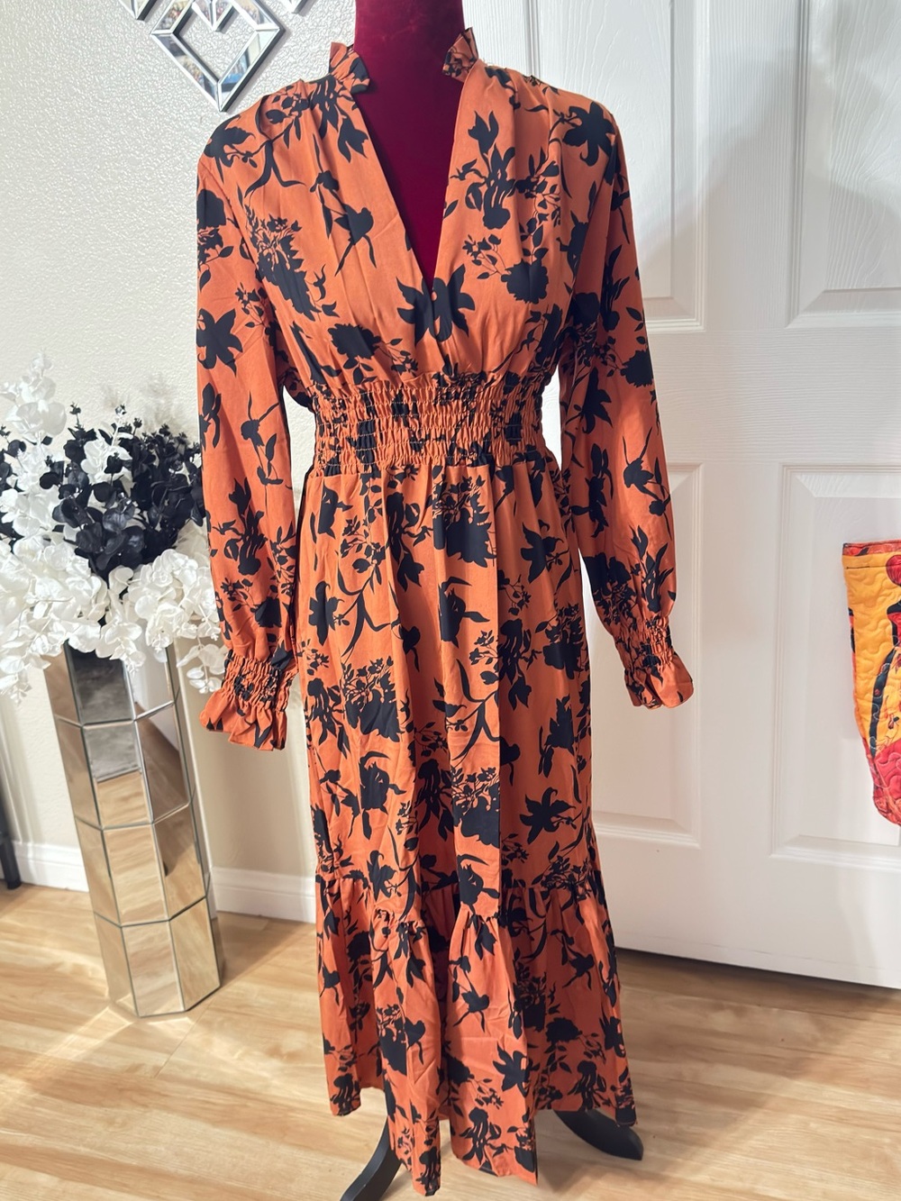 Rust Floral Smocked Waist Maxi Dress - Black Print